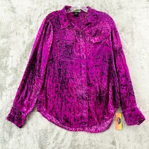 2OH‎ Threads Button Blouse Purple S Rayon Silk Blend Velvet Flocked Long Sleeve